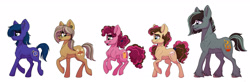 Size: 2673x880 | Tagged: safe, artist:celestial-rainstorm, imported from derpibooru, oc, oc only, oc:azurite, oc:cherry chimichanga, oc:confetti cake, oc:iron forge, oc:sandstone pie, earth pony, pony, female, male, mare, offspring, parent:cheese sandwich, parent:limestone pie, parent:marble pie, parent:maud pie, parent:mud briar, parent:pinkie pie, parent:quibble pants, parent:trouble shoes, parents:cheesepie, parents:marbleshoes, parents:maudbriar, parents:quibblestone, simple background, stalion, stallion, white background