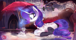 Size: 4181x2214 | Tagged: safe, artist:nevobaster, imported from derpibooru, rarity, cat, pony, unicorn, city, clothes, cute, daaaaaaaaaaaw, duo, female, generosity, high res, hnnng, levitation, magic, magic aura, mare, meow, night, pantyhose, rain, raribetes, scarf, telekinesis, umbrella