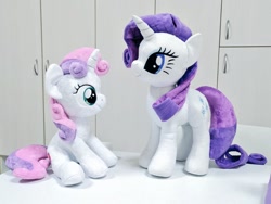 Size: 1024x768 | Tagged: safe, artist:nekokevin, imported from derpibooru, rarity, sweetie belle, pony, unicorn, belle sisters, duo, female, filly, irl, mare, photo, plushie, siblings, sisters, sitting, smiling