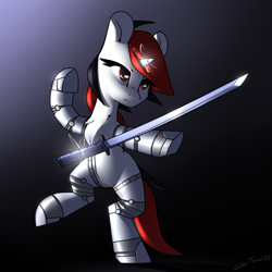 Size: 2400x2400 | Tagged: safe, artist:shido-tara, imported from derpibooru, oc, oc only, oc:blackjack, cyborg, pony, unicorn, fallout equestria, fallout equestria: project horizons, amputee, augmented, cyber legs, cybernetic legs, fanfic art, glowing horn, horn, magic, magic aura, simple background, small horn, staying, sword, telekinesis, weapon