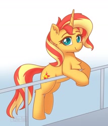 Size: 1426x1669 | Tagged: safe, artist:puetsua, imported from derpibooru, sunset shimmer, pony, unicorn, backwards cutie mark, bipedal, bipedal leaning, chest fluff, cute, ear fluff, female, handrail, leaning, lidded eyes, looking at you, mare, raised leg, shimmerbetes, smiling, solo