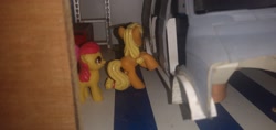 Size: 3264x1546 | Tagged: safe, imported from derpibooru, apple bloom, applejack, everfree customs, garage, life size, shelf, toolbox, van