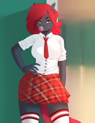 Size: 1578x2048 | Tagged: safe, artist:blah-blah-turner, imported from derpibooru, oc, oc only, oc:jessi-ka, anthro, breasts, bubblegum, busty oc, clothes, female, food, gum, necktie, school, school uniform, schoolgirl, skirt, socks, solo, thigh highs, uniform, zettai ryouiki