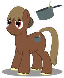 Size: 1000x1200 | Tagged: safe, artist:warren peace, imported from derpibooru, oc, oc only, oc:rocky road, earth pony, pony, bored, cook, cutie mark, hair net, ladle, male, pot, shadow, simple background, solo, stallion, transparent background