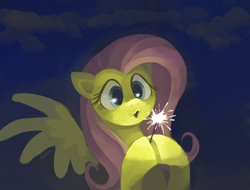 Size: 1312x996 | Tagged: safe, artist:dotkwa, imported from derpibooru, fluttershy, pegasus, pony, bust, cloud, cute, eye reflection, female, hoof hold, hooves together, looking at something, mare, open mouth, painting, puckered lips, reflection, shyabetes, solo, sparkler (firework), spread wings, three quarter view, wings