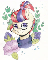 Size: 2219x2774 | Tagged: safe, artist:lightisanasshole, imported from derpibooru, moondancer, pony, unicorn, bubble, bust, cheek fluff, clothes, curved horn, cute, dancerbetes, ear fluff, female, flower, glasses, horn, looking at you, mare, messy mane, nerdy, plant, ponytail, portrait, smiling, solo, three quarter view, traditional art