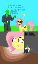 Size: 1069x1815 | Tagged: safe, artist:legendoflink, imported from derpibooru, fluttershy, oc, oc:anon, human, pony, /mlp/, axe, clothes, dialogue, drool, fear, flutterrape, giant pegasus, giant pony, giantshy, hiding, macro, meme, redraw, snorkel, sweat, tongue out, weapon