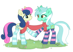 Size: 1400x1000 | Tagged: safe, artist:liquorice_sweet, imported from derpibooru, bon bon, lyra heartstrings, sweetie drops, earth pony, pony, unicorn, clothes, cute, female, lesbian, lyrabon, mare, one eye closed, open mouth, scarf, shared clothing, shared scarf, shipping, simple background, socks, striped socks, transparent background