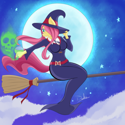 Size: 5000x5000 | Tagged: safe, artist:drakxs, imported from derpibooru, fluttershy, anthro, breasts, broom, busty fluttershy, clothes, cosplay, costume, female, flutterbitch, flying, flying broomstick, hat, little witch academia, moon, night, solo, stars, sucy manbavaran, witch, witch hat