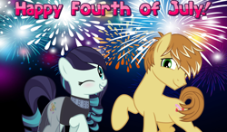 Size: 2064x1204 | Tagged: safe, imported from derpibooru, coloratura, feather bangs, 4th of july, american independence day, colorabangs, female, fireworks, holiday, male, night, one eye closed, shipping, smiling, straight, wink, youtube link