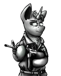 Size: 600x750 | Tagged: safe, artist:richmay, imported from derpibooru, oc, pony, unicorn, ar-15, ar15, black and white, clothes, grayscale, gun, monochrome, politics, ponified, sketch, weapon