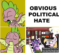 Size: 800x722 | Tagged: safe, imported from derpibooru, spike, starlight glimmer, oc, oc:aryanne, derpibooru, the end of derpibooru, communism, glimmerbooru, hotline bling, meme, meta, nazi, op has a point, op is a duck, op is right, stalin glimmer, starlight vs aryanne