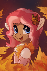 Size: 2000x3000 | Tagged: safe, artist:freeedon, imported from derpibooru, oc, oc only, oc:ginger bread, butterfly, earth pony, pony, autumn, bust, clothes, commission, eye clipping through hair, female, freckles, hoof hold, leaves, looking at you, mare, monarch butterfly, open mouth, portrait, smiling, solo, sweater, three quarter view