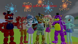 Size: 3840x2160 | Tagged: safe, artist:acefoxy13, artist:fazbearsparkle, artist:optimussparkle, artist:victorfazbear, imported from derpibooru, sci-twi, sunset shimmer, twilight sparkle, oc, oc:heart mouse, human, equestria girls, 3d, 4th of july, american independence day, barely eqg related, crossover, firework freddy, fireworks, five nights at freddy's, five nights at freddy's ar special delivery, fnaf oc, foxy, freddy fazbear, geode of empathy, geode of telekinesis, glasses, holiday, independence day, magical geodes, non-mlp oc, one eye closed, source filmmaker, wink