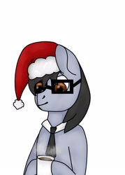 Size: 1543x2160 | Tagged: safe, artist:ask ragic, imported from derpibooru, oc, oc only, oc:silver bristle, earth pony, pony, christmas, coffee, coffee cup, cup, digital art, glasses, hat, holiday, male, necktie, santa hat, simple background, smiling, stallion