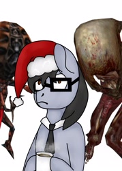 Size: 1543x2160 | Tagged: safe, artist:ask ragic, imported from derpibooru, oc, oc only, oc:silver bristle, earth pony, pony, undead, zombie, christmas, coffee, coffee cup, crossover, cup, digital art, glasses, half-life, hat, holiday, male, necktie, santa hat, simple background, stallion, surprised