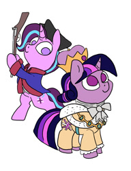 Size: 800x1040 | Tagged: safe, artist:slamjam, imported from derpibooru, starlight glimmer, twilight sparkle, pony, unicorn, american revolution, bow, clothes, crown, duo, female, gun, hat, historical roleplay starlight, hoof hold, jewelry, king george iii, mare, regalia, rifle, simple background, this will end in revolution, weapon, white background