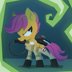 Size: 3150x3150 | Tagged: safe, artist:jimmyjamno1, imported from derpibooru, scootaloo, pegasus, pony, clothes, cosplay, costume, ghostbusters, mouth hold, proton pack, solo