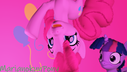 Size: 1920x1080 | Tagged: safe, artist:marianokun, imported from derpibooru, pinkie pie, twilight sparkle, alicorn, earth pony, pony, 3d, angry, cutie mark background, female, happy, in which pinkie pie forgets how to gravity, mare, pink background, pinkie being pinkie, pinkie physics, simple background, source filmmaker, surprised, twilight sparkle (alicorn), watermark