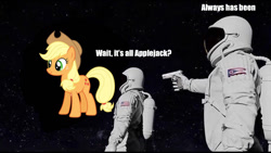 Size: 1200x675 | Tagged: safe, imported from derpibooru, applejack, pony, always has been, american flag, astronaut, context in description, exploitable meme, giant pony, gun, imminent death, macro, meme, planet pony, wait it's all ohio, weapon