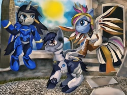 Size: 2560x1917 | Tagged: safe, artist:evescintilla, imported from derpibooru, oc, oc only, oc:eve scintilla, oc:silver bristle, earth pony, pony, unicorn, clothes, cosplay, costume, digital art, female, male, mare, overwatch, stallion, sun