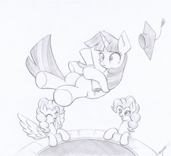 Size: 2600x2370 | Tagged: safe, artist:xeviousgreenii, imported from derpibooru, pinkie pie, surprise, twilight sparkle, earth pony, pegasus, pony, unicorn, atg 2020, graduation cap, hat, monochrome, newbie artist training grounds, traditional art, trampoline, unicorn twilight