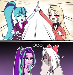 Size: 976x1000 | Tagged: safe, artist:nekojackun, imported from derpibooru, aria blaze, sonata dusk, demon, human, moth, equestria girls, bare shoulders, charlie magne, charlie morningstar, crossover, hazbin hotel, missing eye, moth demon, one eyed, sleeveless, strapless, vaggie