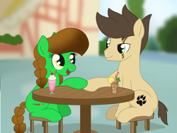 Size: 1771x1335 | Tagged: safe, artist:dyonys, imported from derpibooru, oc, oc:lucky brush, oc:night chaser, earth pony, female, freckles, holding hooves, husband and wife, ice tea, looking at each other, luckychaser, male, mare, milkshake, oc x oc, open mouth, scar, shipping, show accurate, sitting, stallion