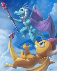 Size: 1600x2000 | Tagged: safe, artist:auroriia, artist:rocket-lawnchair, imported from derpibooru, princess ember, smolder, dragon, bloodstone scepter, collaboration, dragon lord ember, dragoness, duo, female, flying, looking at each other, smiling