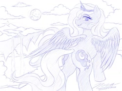 Size: 1024x768 | Tagged: safe, artist:novaintellus, imported from derpibooru, princess luna, pony, atg 2020, female, monochrome, newbie artist training grounds, solo