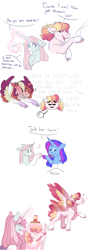 Size: 2002x5599 | Tagged: safe, artist:uunicornicc, imported from derpibooru, oc, oc only, oc:aster, oc:bird song, oc:dottie, oc:fruit loop, oc:summer ballad, pegasus, unicorn, female, magic, magical lesbian spawn, male, mare, offspring, parent:rainbow dash, parent:twilight sparkle, parents:twidash, simple background, stallion, white background