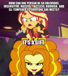 Size: 600x674 | Tagged: safe, edit, edited screencap, imported from derpibooru, screencap, adagio dazzle, sunset shimmer, equestria girls, equestria girls series, sunset's backstage pass!, spoiler:eqg series (season 2), caption, duckman, geode of empathy, image macro, magical geodes, memeful.com, music festival outfit, text