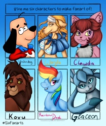 Size: 1070x1280 | Tagged: safe, artist:silnat, imported from derpibooru, rainbow dash, anthro, big cat, dog, glaceon, lion, mink tribe, pegasus, pony, six fanarts, anthro with ponies, bust, chest fluff, clothes, crossover, ear fluff, female, fighting foodons, kovu, male, mare, one piece, pokémon, the lion king, underdog, wanda, wanda (one piece)