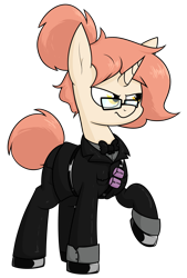 Size: 1305x1930 | Tagged: safe, artist:moonatik, imported from derpibooru, oc, oc only, pony, unicorn, fallout equestria, belt, bowtie, clothes, commission, female, glasses, glitter bomb, gloves, latex, latex boots, latex gloves, mare, ministry of morale, raised hoof, shirt, simple background, solo, transparent background, uniform