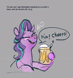 Size: 1815x1924 | Tagged: safe, artist:alumx, imported from derpibooru, starlight glimmer, pony, unicorn, alcohol, beer, blushing, dialogue, drunk, drunker glimmer, female, hiccup, mare, onomatopoeia, sketch, solo, toasting