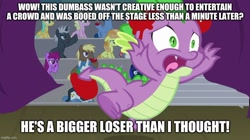 Size: 888x499 | Tagged: safe, deleted from derpibooru, edit, edited screencap, imported from derpibooru, screencap, spike, dragon, earth pony, pony, unicorn, horse play, abuse, caption, female, funny, go to sleep garble, image macro, male, mare, op is a duck, op is a duck but has a point, op is a spike hater, op is trying to start shit, op is trying to start shit so badly that it's kinda funny, open mouth, shitposting, spikeabuse, stallion, text, tomatoes, truth, vulgar