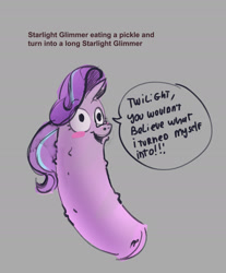 Size: 1513x1826 | Tagged: safe, artist:alumx, imported from derpibooru, starlight glimmer, blush sticker, blushing, dialogue, food, gray background, long glimmer, long pony, meme, pickle, pickle rick, rick and morty, simple background, sketch, solo, transformation