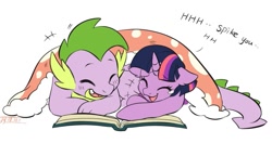 Size: 1049x553 | Tagged: safe, artist:drtuo4, edit, imported from derpibooru, spike, twilight sparkle, dragon, pony, bedsheets, blanket, book, cropped, crying, cute, duo, ear fluff, eyes closed, female, floppy ears, happy, laughing, male, older, older spike, open mouth, prone, reading, smiling, spikabetes, spikelove, tears of laughter, teary eyes, twiabetes