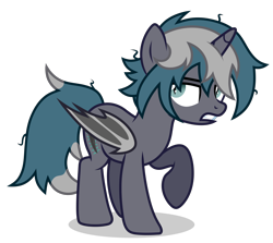 Size: 3350x2984 | Tagged: safe, alternate version, artist:oyks, imported from derpibooru, oc, oc only, oc:elizabrat meanfeather, alicorn, bat pony, bat pony alicorn, pony, alicorn oc, annoyed, bat pony oc, bat wings, clone, female, horn, mare, messy mane, raised hoof, simple background, solo, transparent background, wings