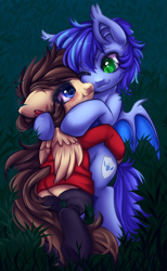 Size: 1261x2048 | Tagged: safe, artist:cabbage-arts, imported from derpibooru, oc, oc only, oc:retro hearts, oc:vesper nightfall, bat pony, pegasus, pony, bat pony oc, clothes, commissioner:geoshark0407, cute, duo, ear piercing, female, grass, hoodie, mare, night, nuzzling, piercing, snuggling