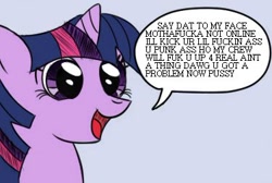 Size: 376x253 | Tagged: safe, anonymous artist, imported from derpibooru, twilight sparkle, unicorn, text, trash talk, vulgar