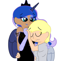 Size: 1536x1536 | Tagged: safe, artist:colorcodetheartist, imported from derpibooru, derpy hooves, princess luna, human, alicorn humanization, cuddling, female, horn, horned humanization, humanized, lesbian, lunaderp, shipping, simple background, transparent background, winged humanization, wings