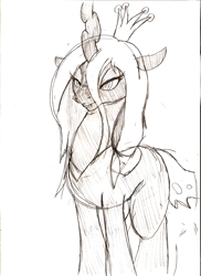 Size: 731x1005 | Tagged: safe, artist:droll3, imported from derpibooru, queen chrysalis, changeling, changeling queen, crown, female, horn, jewelry, monochrome, regalia, simple background, sketch, solo, tail, traditional art, white background