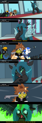 Size: 878x2558 | Tagged: safe, artist:droll3, imported from derpibooru, queen chrysalis, changeling, changeling queen, earth pony, pegasus, pony, unicorn, boss fight, comic, crossover, digital art, disney, donald duck, evil grin, female, fire, glowing horn, goofy, goofy (disney), grin, hat, horn, keyblade, kingdom hearts, laughing, magic, ponified, smiling, sora, text, wings