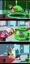 Size: 883x1869 | Tagged: safe, artist:droll3, imported from derpibooru, princess cadance, queen chrysalis, shining armor, alicorn, changeling, changeling queen, earth pony, pegasus, pony, unicorn, attack, boss fight, comic, crossover, digital art, disney, donald duck, evil grin, female, fire, glowing horn, goofy, goofy (disney), grin, hat, horn, keyblade, kingdom hearts, laughing, magic, ponified, smiling, sora, text, wings