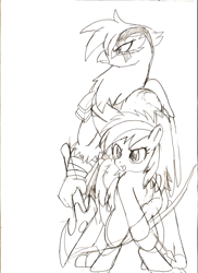 Size: 731x1005 | Tagged: safe, artist:droll3, imported from derpibooru, gilda, rainbow dash, griffon, pegasus, pony, arrow, atreus, bow, crossover, female, filly, filly rainbow dash, god of war, kratos, monochrome, simple background, sketch, traditional art, white background, younger