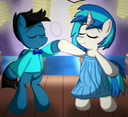 Size: 7200x6600 | Tagged: safe, artist:agkandphotomaker2000, imported from derpibooru, dj pon-3, vinyl scratch, oc, oc:pony video maker, pegasus, pony, unicorn, absurd resolution, bay, bipedal, canon x oc, clothes, dancing, decorative lamps, drawing, dress, eyes closed, female, harbor, male, moon, pegasus oc, pier, pony prom, pony prom 2020, shipping, smiling, standing on two hooves, straight, tuxedo, videoscratch, wings