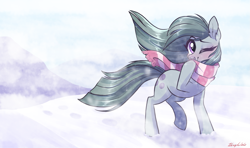 Size: 1915x1130 | Tagged: safe, artist:kyumiku, artist:zlayd-oodles, imported from derpibooru, marble pie, earth pony, pony, blushing, clothes, cold, cute, ear fluff, female, looking at you, marblebetes, mare, one eye closed, scarf, snow, solo