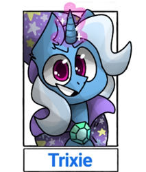 Size: 320x376 | Tagged: safe, alternate version, artist:tupo_dana4ka, imported from derpibooru, trixie, pony, unicorn, six fanarts, bust, cape, clothes, cropped, female, glowing horn, horn, mare, simple background, solo, transparent backgroundt, white background