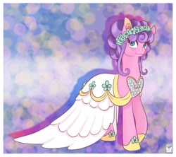 Size: 1024x911 | Tagged: safe, artist:cckittycreative, imported from derpibooru, petunia petals, earth pony, pony, rainbow roadtrip, clothes, cute, dress, female, floral head wreath, flower, mare, petalbetes, solo, wedding dress